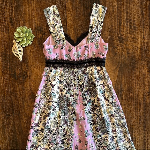 Nanette Lapore | Vintage 100% Silk Floral Midi Dress with Lace Detail, Size 0 - Picture 3 of 12